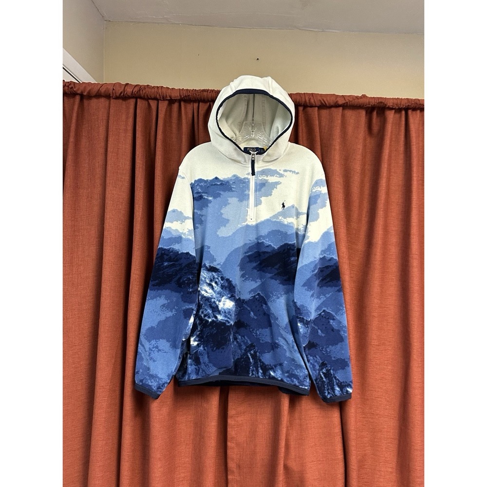 Polo Ralph Lauren Mens Blue Alpine Mountain Print Fleece Quarter Zip Hoodie L